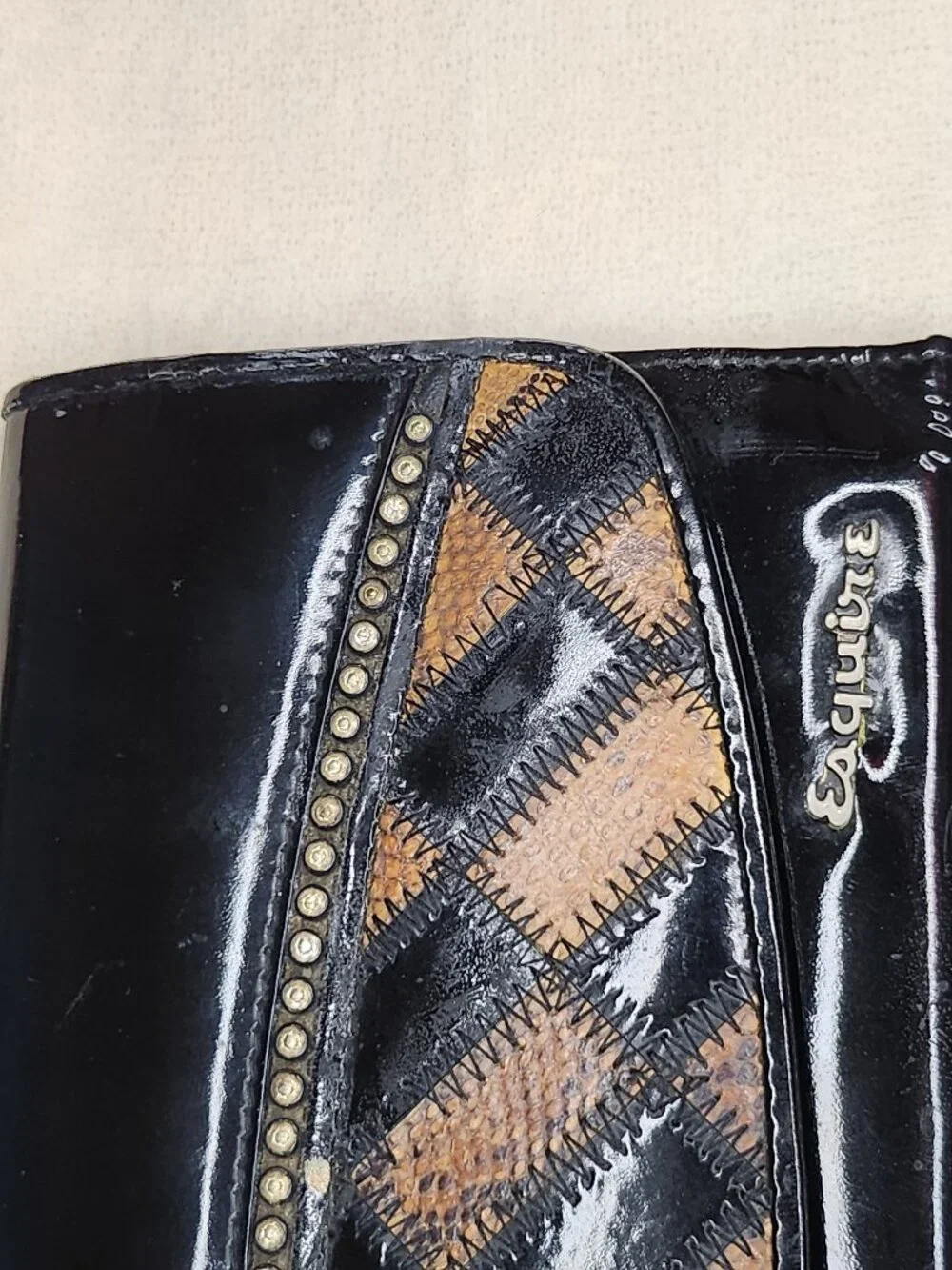Vintage Esquire Black Patent Leather Clutch Wallet Snakeskin Trim